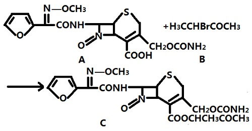 头孢呋辛酸与1－乙酰氧－1－溴乙烷合成本品的反应式